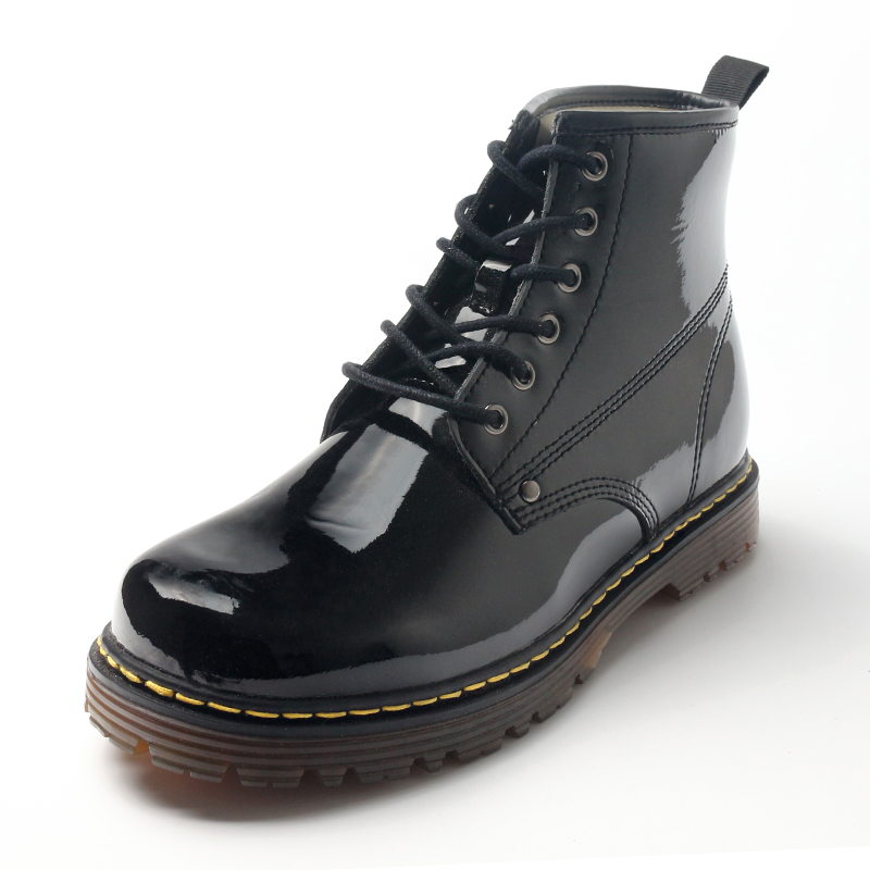 Black Patentpu Upper Mid Cut Lace Up Ankle Marten Boots